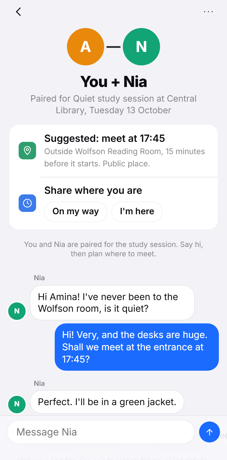 A buddy chat with a suggested meeting time